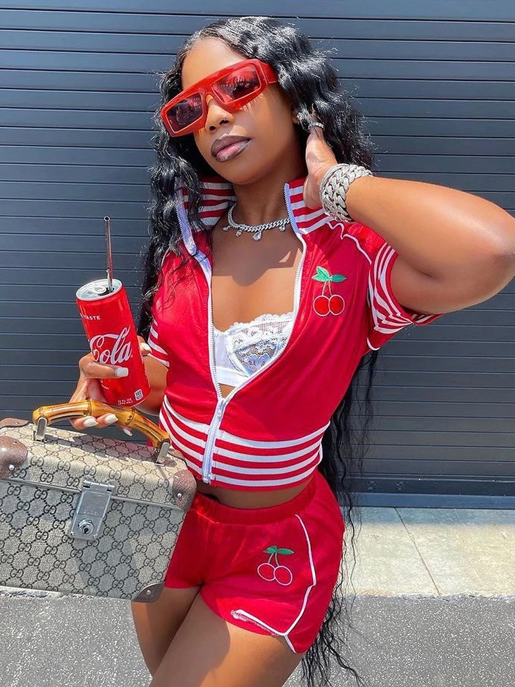 

Sifreyr Cherry Embroidery 2 Piece Sets Women Sporty Shorts Suits Y2K Striped Zip Up Short Sleeve Top And Shorts Matching Outfits