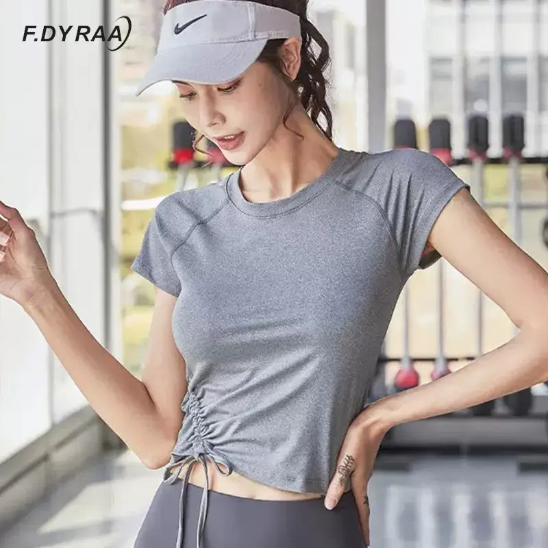 

F.DYRAA Sports Shirts For Women Slim Fit Short Sleeve Crop Tops Drawstring Gym Yoga Tops Training Exercise Fitness Yoga Tops