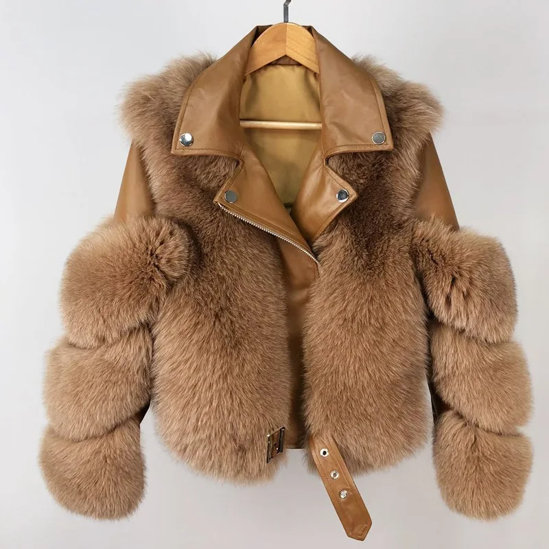 Fox Fur Coat With Genuine Sheepskin Leather Women's Winter Coat Luxury Leather Winter Jackets 2022 Woman Outerwear Fluffy Coat