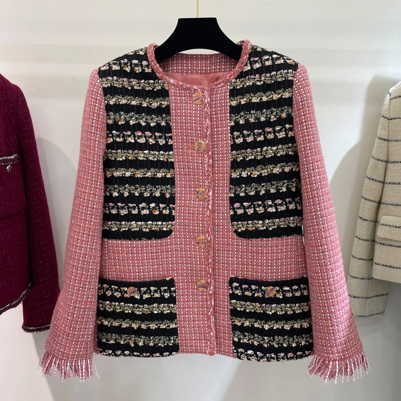 

Autumn New Women Pink Tweed Coat Fashion Runway Temperament Single Breasted Oneck Jacket Elegant Chic Long Sleeve Luxury Clothes