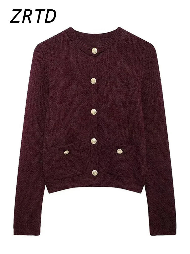 Винтажный женский вязаный бордовый кардиган с круглым вырезом однобортный