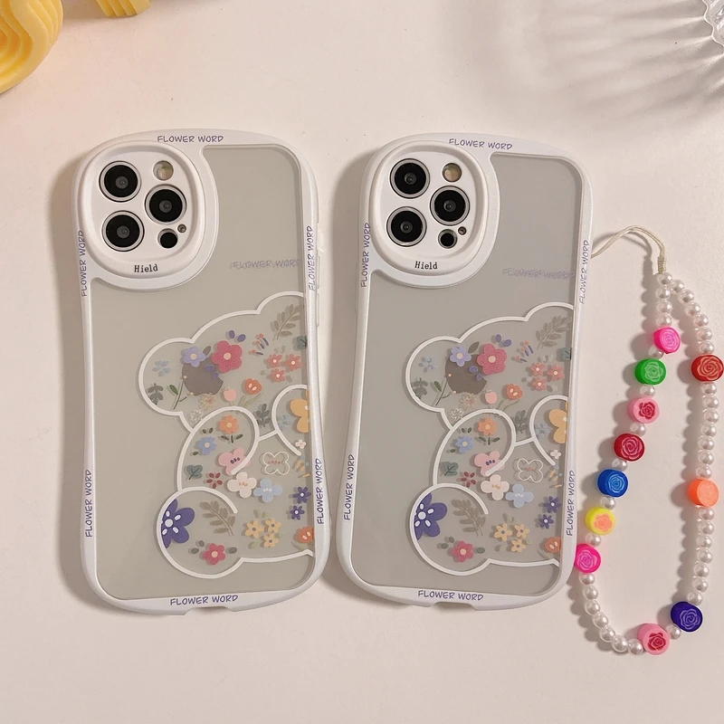 

Cute Flower Bear Lens Protection Transparent Phone Case For iPhone 12 13 11 Pro Max Xr X Xs Xsmax Shockproof Silicone Soft Cover