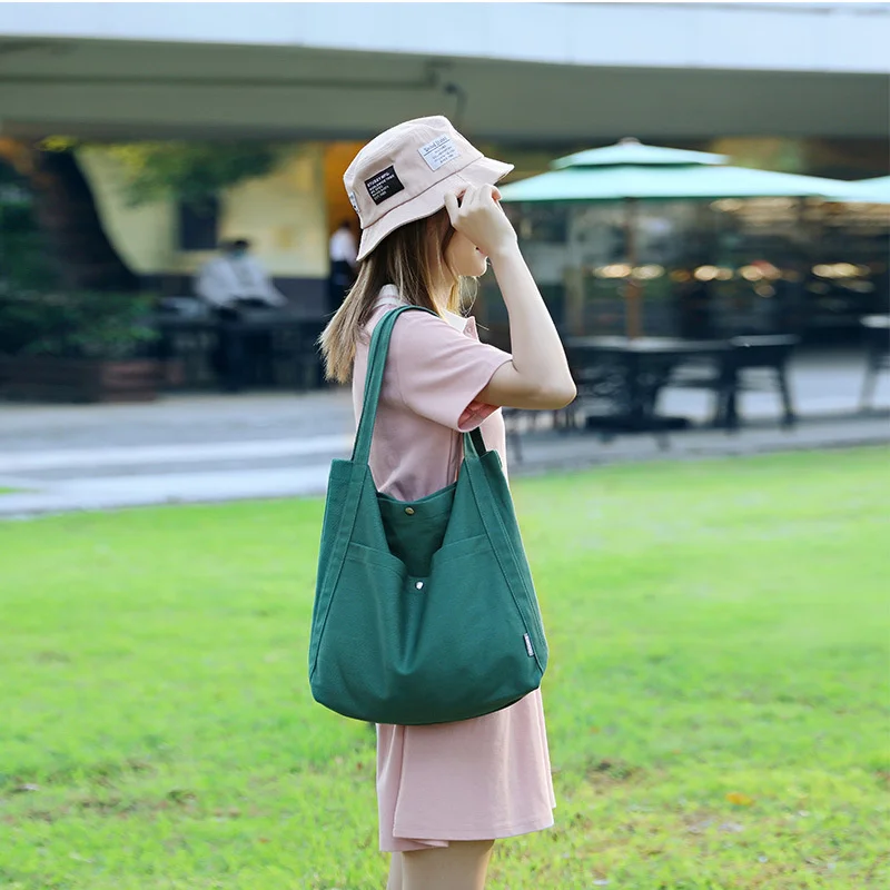 

Canvas Shoulder Bags for Women 2023 Designer Handbag Girls Shopper Solid Large Capacity With Two Front Open Pockets Tote Bags