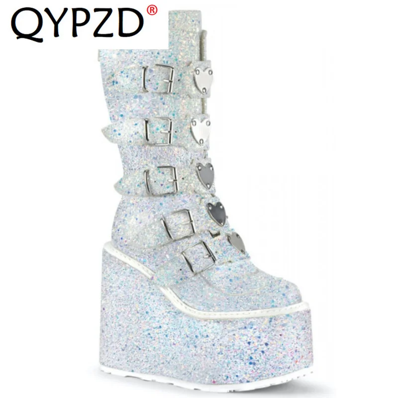 

Модные женские ботинки на танкетке, ботинки до середины икры, большой размер 43