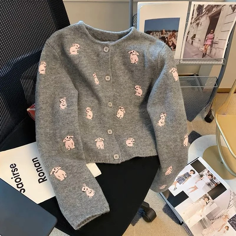 

DUOFAN Embroidery Sweater for Women Spring Short Knitted Cardigan Round Neck Straight Long Sleeve Sweater Tops