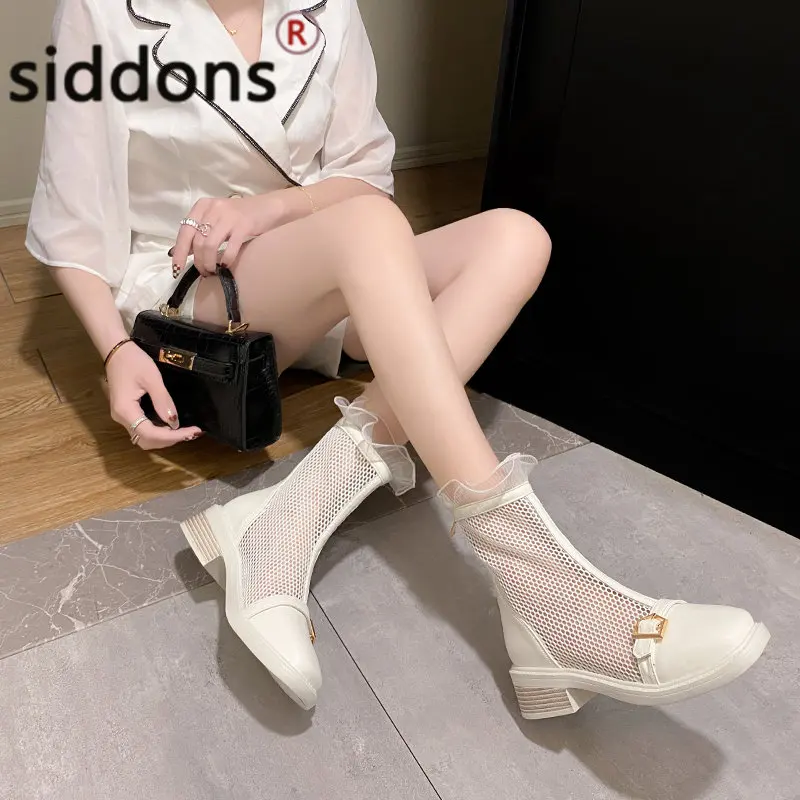 2023 summer new mesh boots French small ankle boots mesh breathable cool boots women's trend lace boots