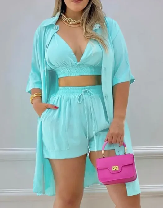 

Casual Sexy Sleeveless Shorts Suit 2022 Spring Summer New Crop Top & Pocket Design Drawstring Solid Color Shorts Set With Coat