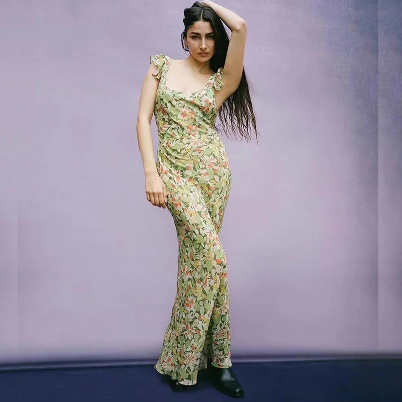 

Rouj* Women Dress Summer Flavor Green Floral U Neck Sexy Slim Ruffle Sleeve Halter Long Dresses Dress for Women Streetwear