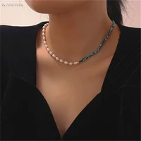 freshwater pearl green malachite titanium steel necklace with pearl niche design feels fresh on the female clavicle chain
