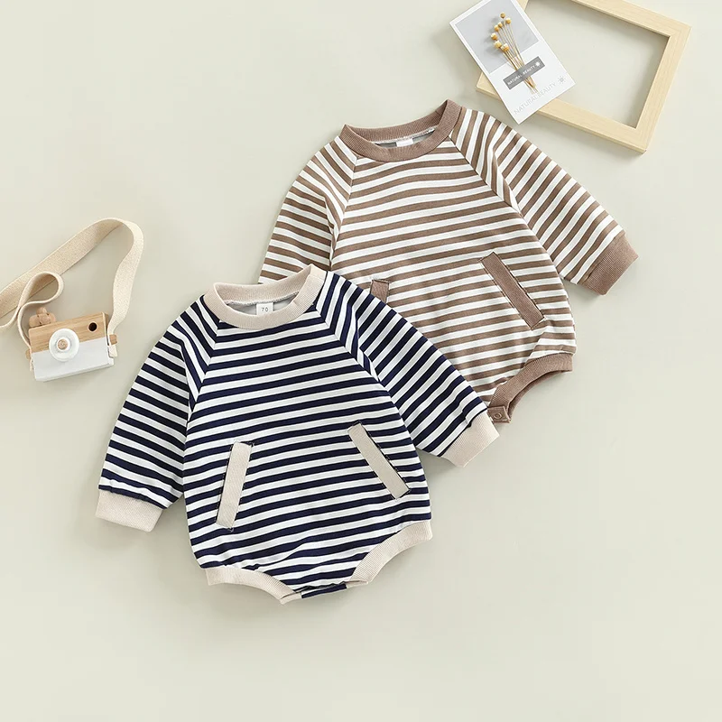 

Baby Boys Girls Casual Basic Bodysuits Striped Print Crew Neck Long Sleeve Romper with Front Pockets for Newborn 3-24 Months