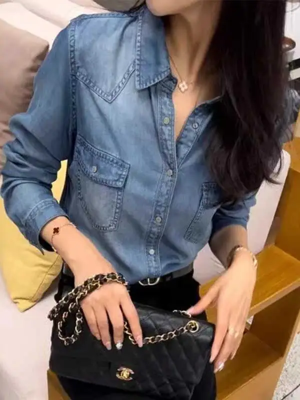 French sle Stacked Soft Denim Shirts Women High-Grade Spring and Autumn Cotton Small Loose Temperament Shirt Thin Coat