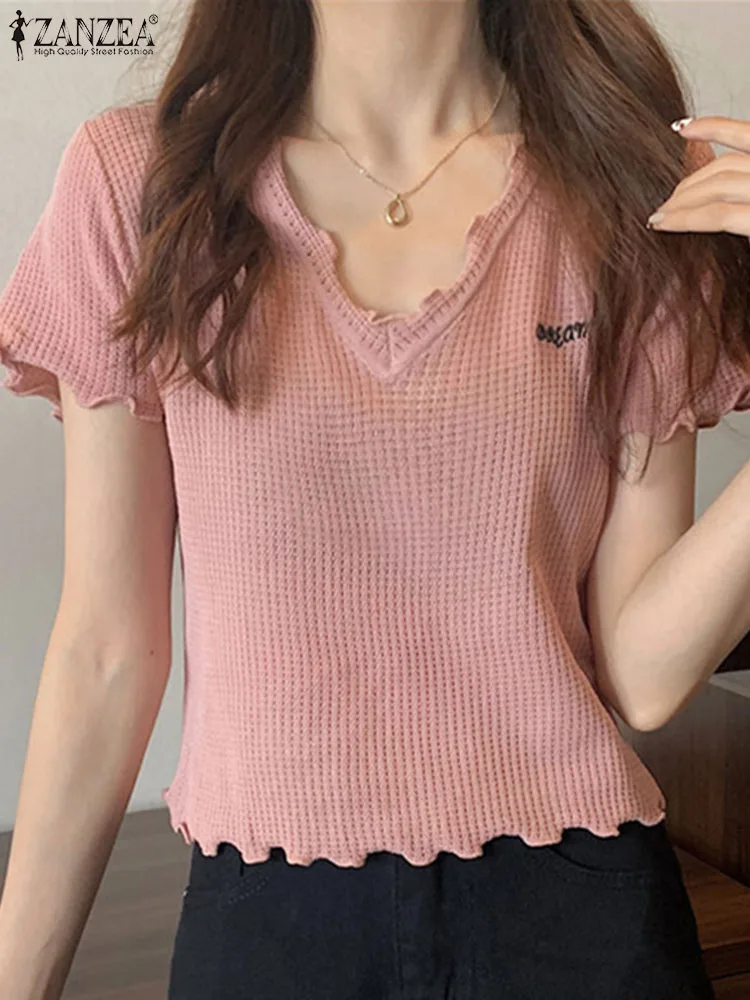

Women Y2K Short Tunics ZANZEA 2022 Summer T Shirts Fashion Korean V Neck Short Sleeve Tees Leisure Stringy Selvedge Knitted Tops