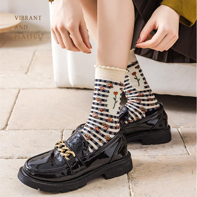 10 Pcs Vintage Women Socks Japanese Fashion Harajuku Retro Crew Socks Floral Print Sweet Girl Kawaii Cute Bow Long Socks Women