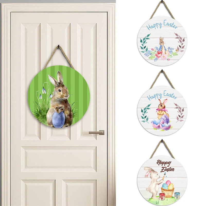 

Easter Wall Decor Wall Hanging Wooden Hanging Rabbit Round Plaque Wooden Easter Theme Party Home Door Sign Decoration