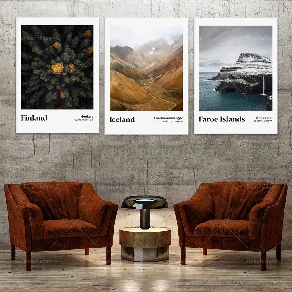 

Finland Nuuksio forest woodland landscape, Iceland, Faroe Islands waterfall nature travel landscape poster mountain top view