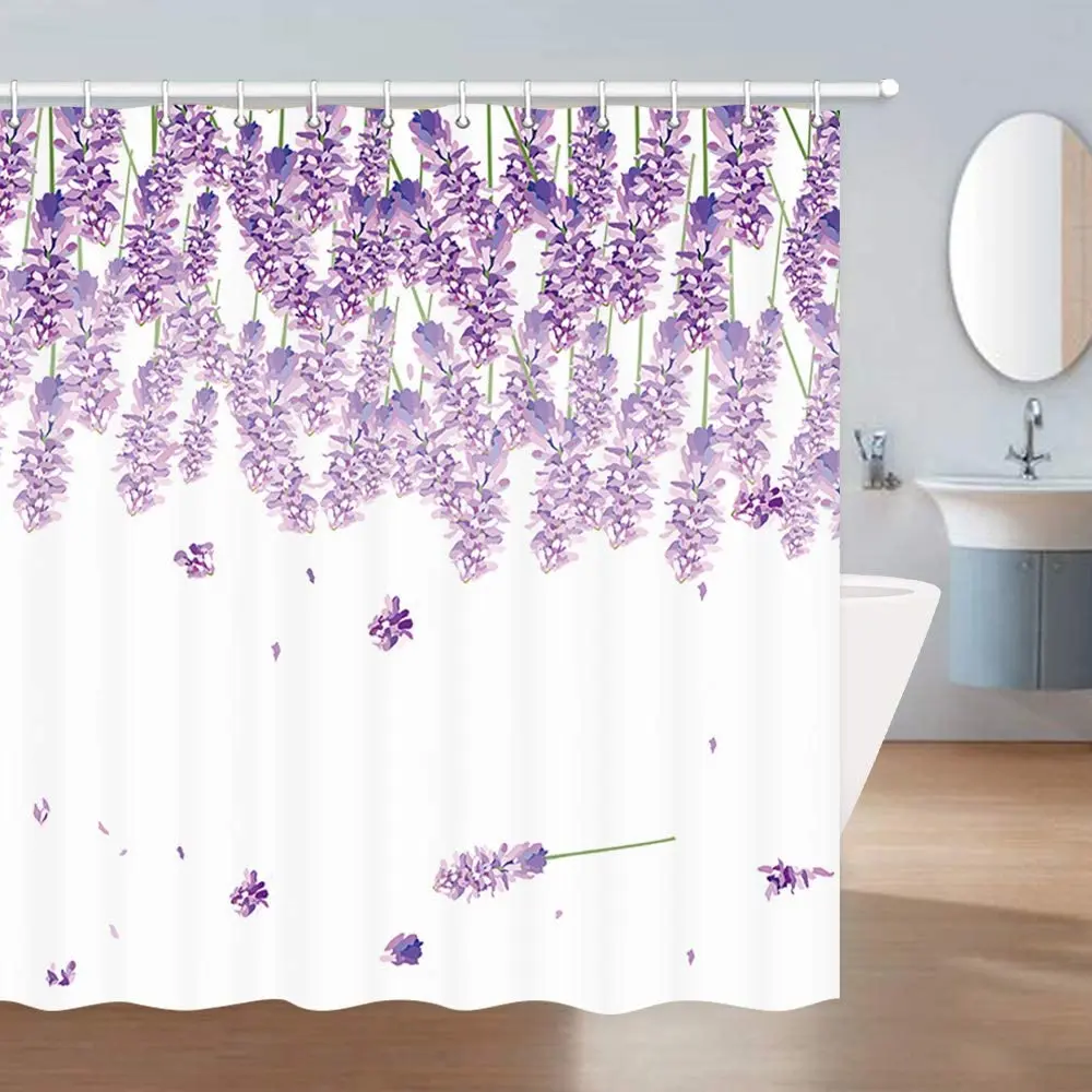 

Floral Shower Curtain Flowers Vintage Watercolor Purple Lavender Flower Polyester Fabric Bath Bathroom Curtains Set with Hooks
