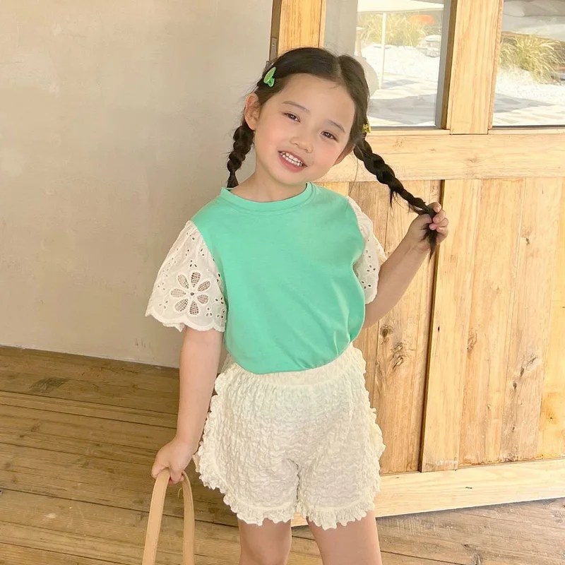 

Летняя футболка для девочек, детская футболка, детские топы, детская одежда, модная хлопковая Футболка с цветочным принтом и кружевными рук...