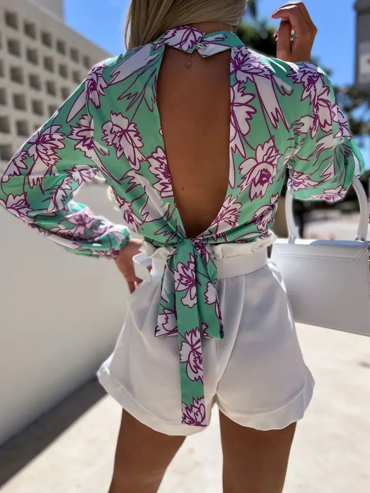 

Женская офисная блузка с цветочным принтом, ажурный пуловер с открытой спиной, бантом и пуговицами сзади, весна 2022