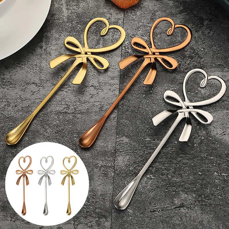 

Tea Coffee Mixing Spoon 304 Stainless Steel 3D Mini Bow Knot Heart Love Golden Stirring Spoons Long Handle Kitchen Bar Tableware