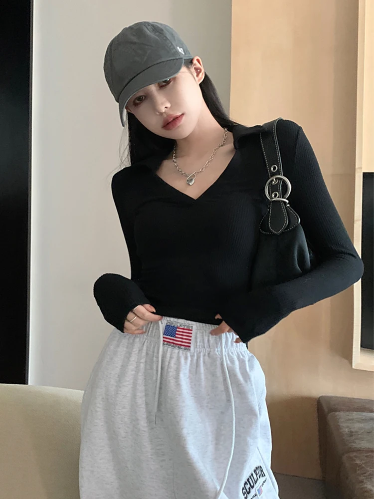 

Женская винтажная облегающая футболка Harajuku с V-образным вырезом и длинным рукавом, женские футболки, топы, японская женская одежда Ulzzang для женщин