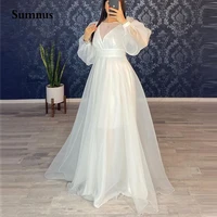 sumnus elegant sheer neck white evening dresses 2022 tulle long sleeve puffy sleeve formal party gowns for women plus size