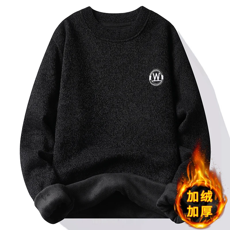 

2023 Autumn and Winter New Fashion All-Match Plus Velvet Crewneck Sweater Men's Casual Loose Thickened Warm High-Quality Sweater