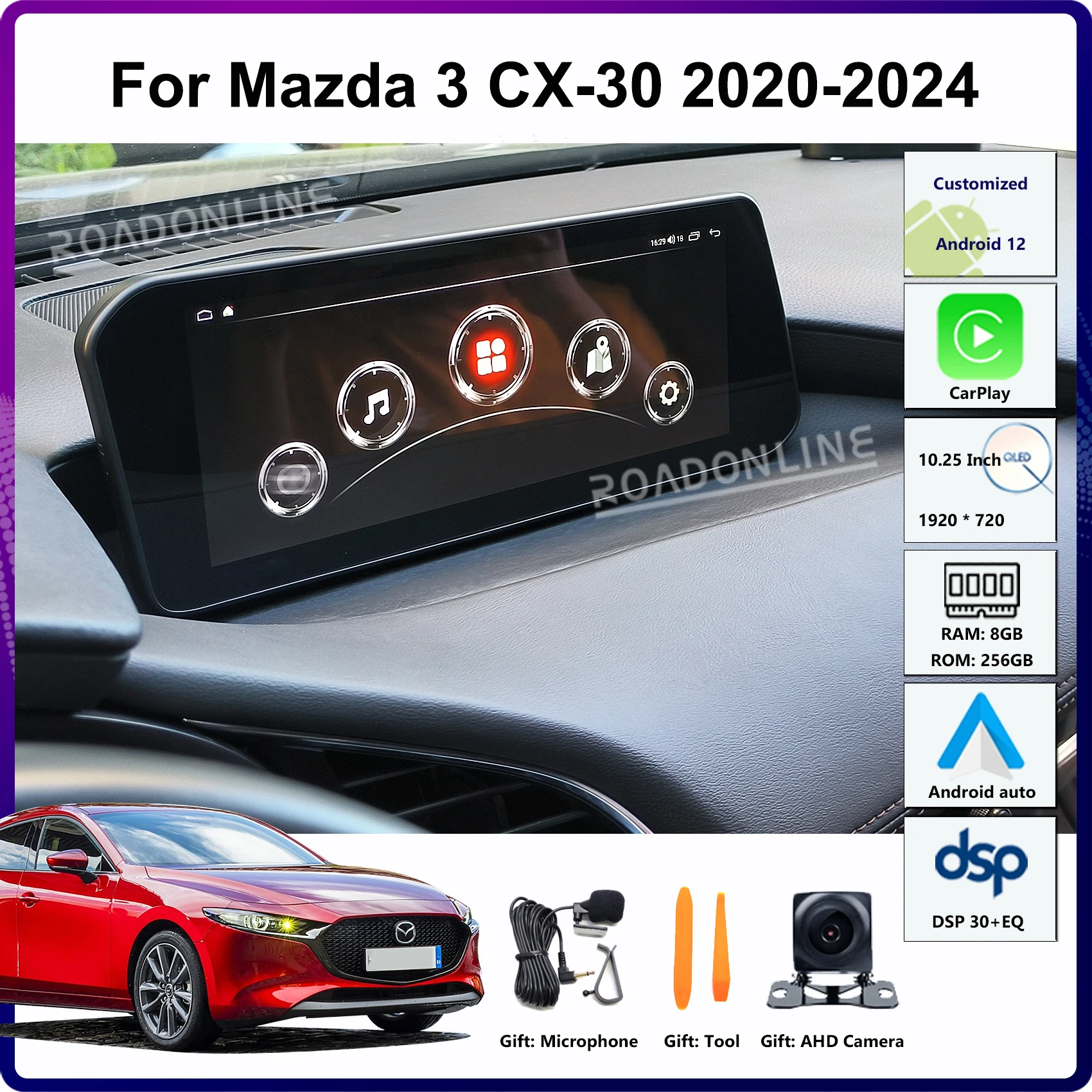 10 25 дюйма Android 12 для Mazda 3 Mazda3 CX-30 2020-2024 1920*720 Автомобильный мультимедийный плеер GPS