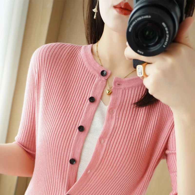 

Новинка весна-лето 2023, свитер с коротким рукавом, женское тонкое пальто, шерстяной кардиган с простого темпераментного Джокера.