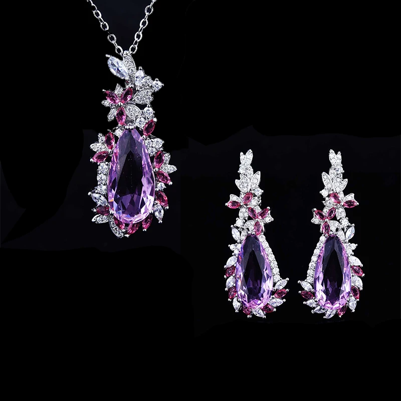 

Luxury Butterfly Design Water Drop Pink Diamond Pendant Necklaces Dangle Earrings 2023 Women's Bride Wedding Jewelry Sets