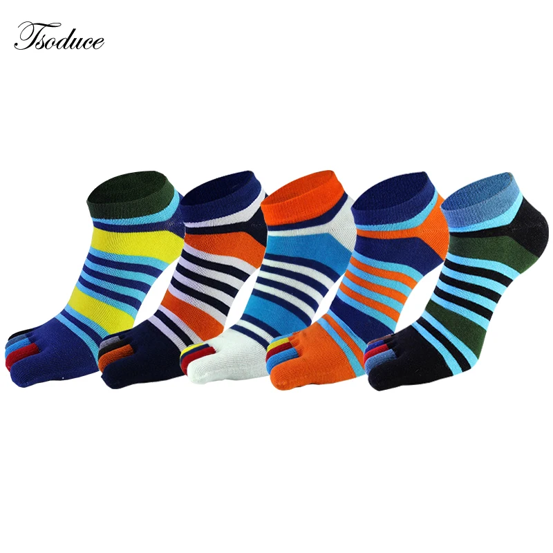 

Bright Color Ankle Five Finger Socks Men Cotton Striped Patchwork Breathable Street Fashion Low Tube Short Socks With Toes