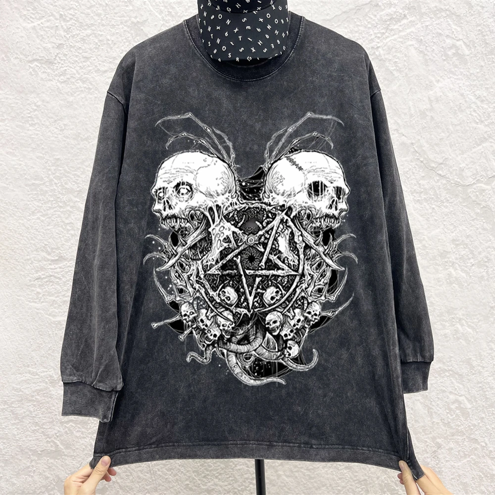 

Two Skulls 2022 Neutral Brand Autumn Cotton T-Shirts Gothic Washed Streetwear Men's Casual Fashion Clothing Women Oversized Tops