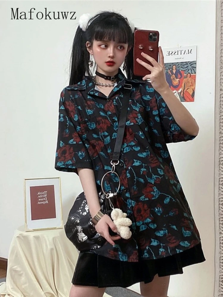 

Mafokuwz Harajuku Half Sleeve Shirt Loose Mid Length Retro Punk Printed Shirt Student Trendy Men Women Gothic Button Up Blouse