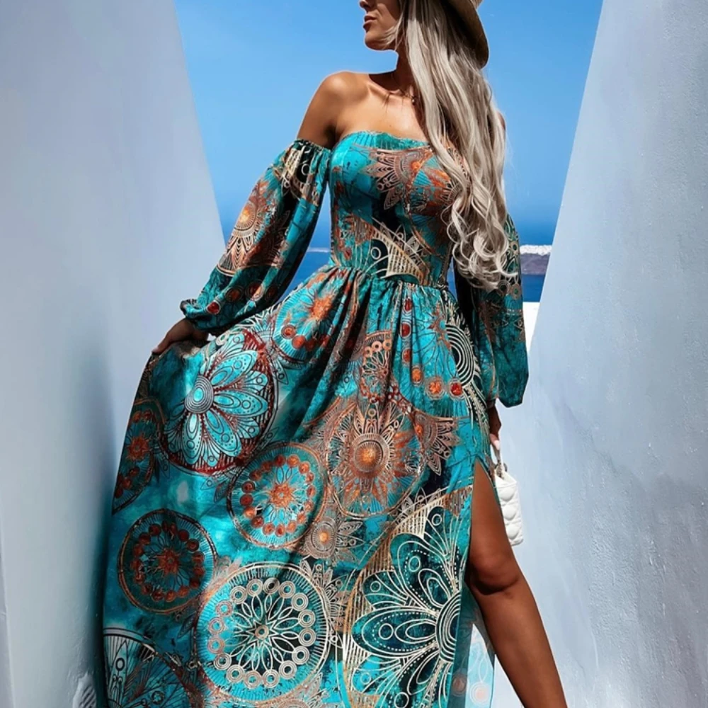 

Summer Slash Neck Off Shoulder Long Dress Fashion Lady Vintage Print Waisted Dress Elegant Backless Long Sleeves Slit Maxi Dress