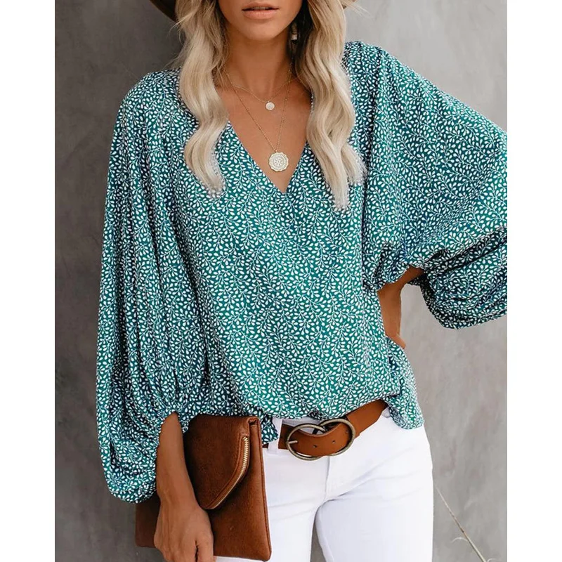 

CINESSD 2023 Summer Floral Print Blouse Women V Neck Long Lantern Sleeve Sun Flower Casual Tops Office Lady Tunic Loose Blouses