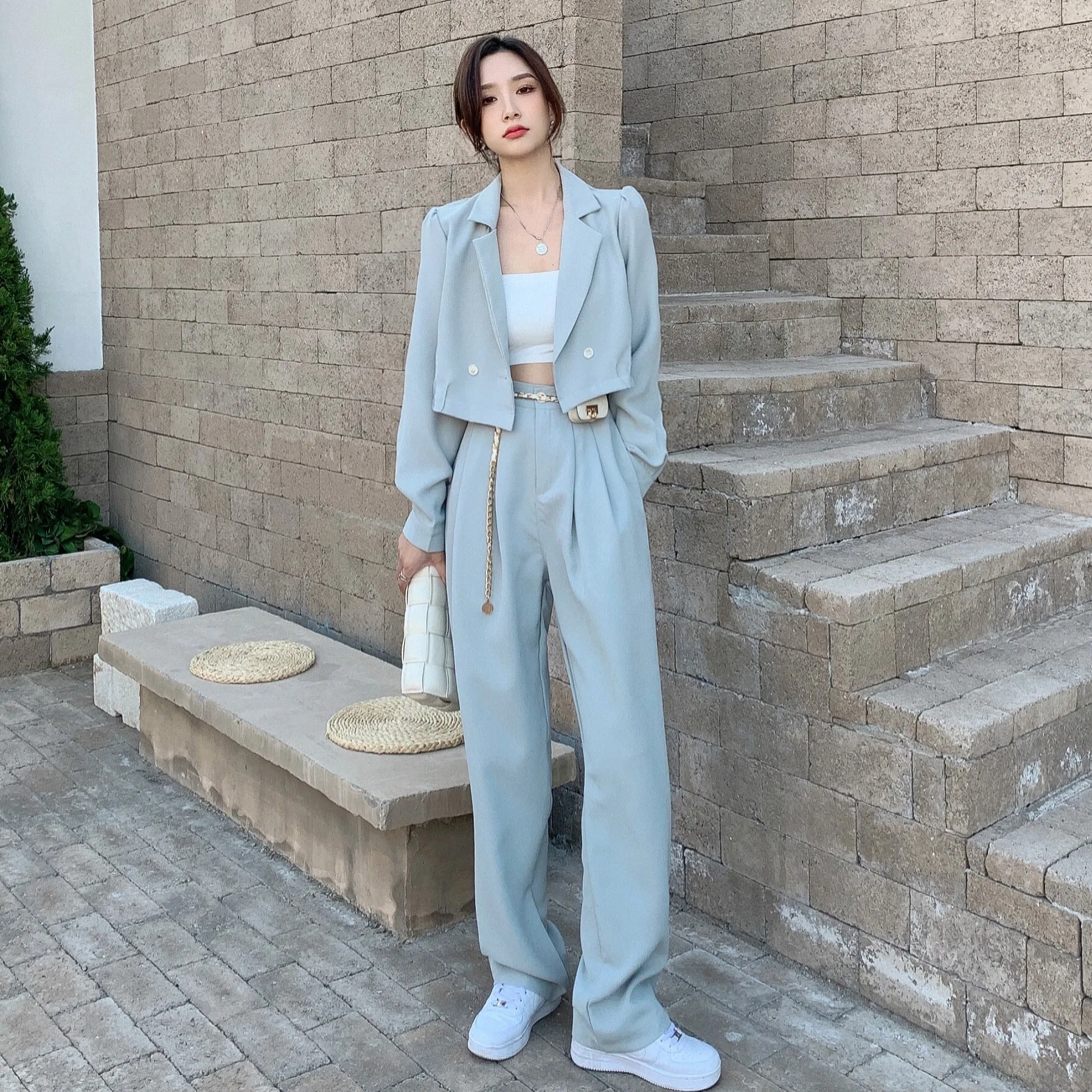 

Elegant Loose Women Full Sleeve Short Blazers Jackets Wide Leg Pants Suits Female Casual OL 2 Pieces Sets 2022 Summer WS24