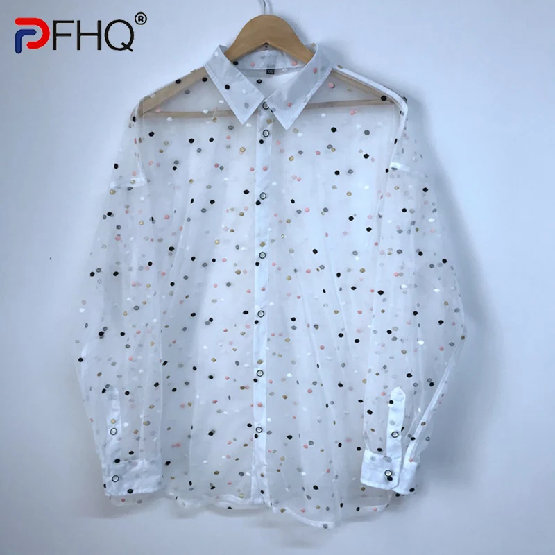 

PFHQ Mesh Transparent See-through Men's Loose Design Long Sleeve Shirt High Quality Elegant 2023 New Trendy Polka Dots Decorate