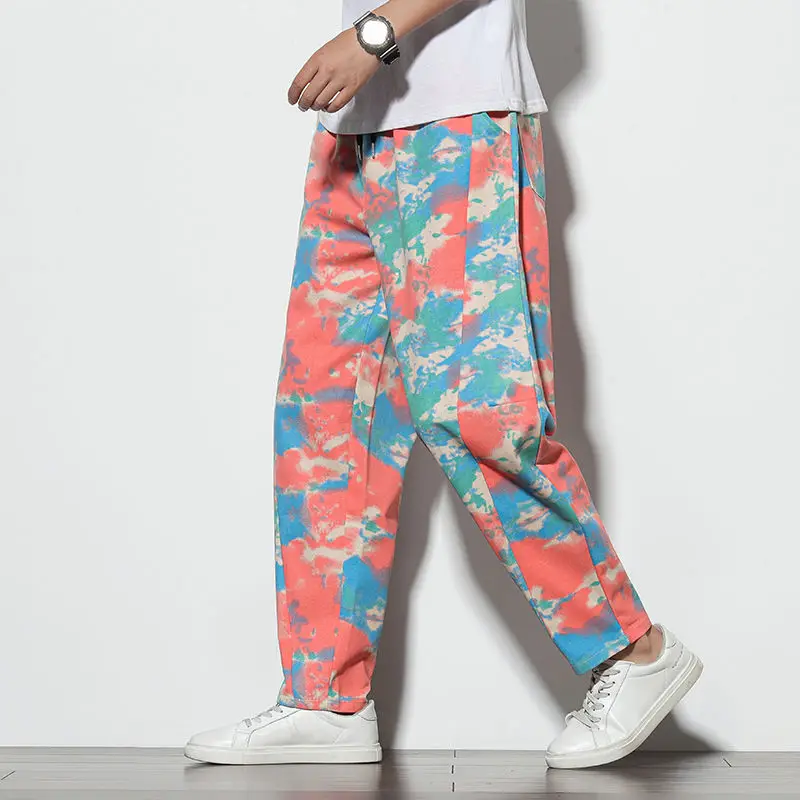 

Men's Fashion Casual Straight Pants Men Streetwear Wild Loose Hip-hop Drawstring Tie-dye Trousers Mens