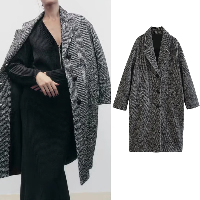 

Autumn Winter 2022 New Lapel Single-breasted Herringbone Temperament Woolen Coat Commuter Joker Coat Coat Female