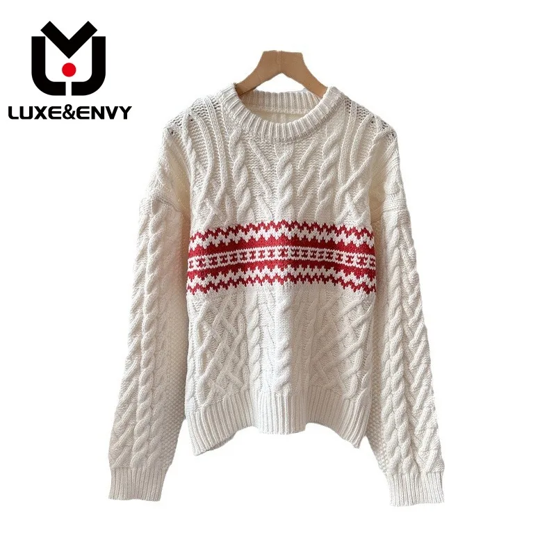 

LUXE&ENVY New Knitted Sweater Fried Dough Twists Color Contrast Round Neck Coat Women's Loose Slouchy Pullover 2023 Winter