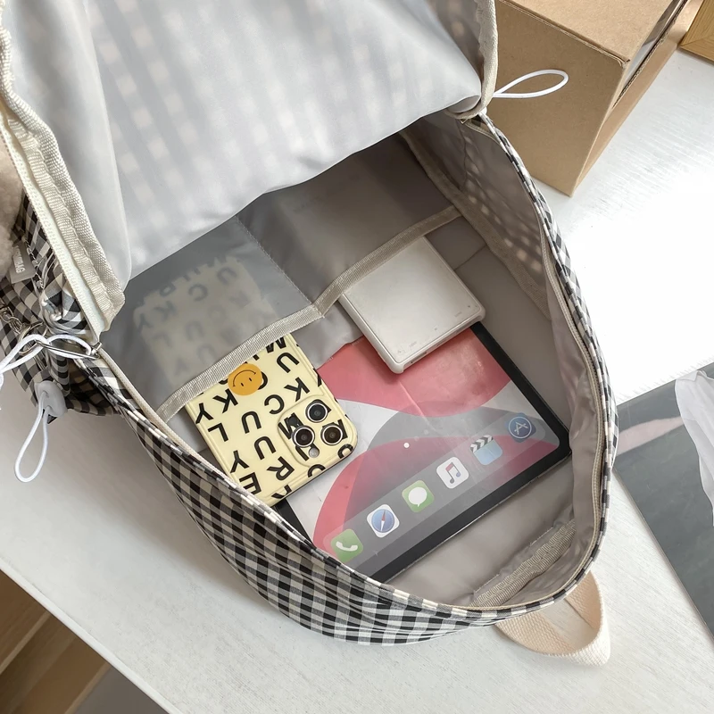 College Students Waterproof Nylon Backpack Schoolbag Girls Plaid Travel Double Shoulder Bag Female Cute Schoolbag