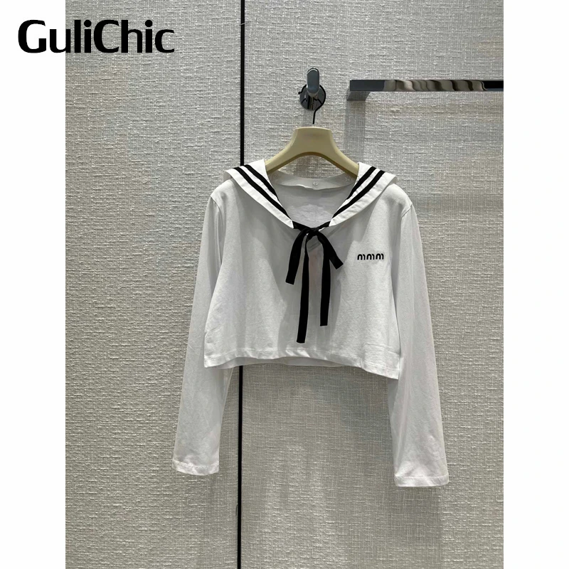 

7.5 GuliChic Women Letter Print Bow Sailor Collar Detachable Short Long Sleeve Cotton T-Shirt