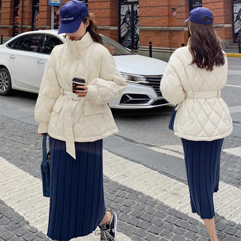 Down Cotton-Padded Women Autumn Winter Warm Windbreak Small Short Style Waist Rhomboid Lattice Autumn Winter Winter Set of Tide