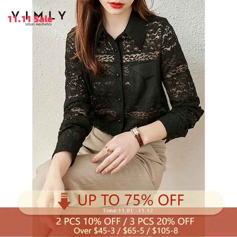 

Vimly 2021 Spring Women Lace Blouse Fashion Turn Down Collar Solid Single Breasted Elegant Shirts Female Blusas Tops F6152