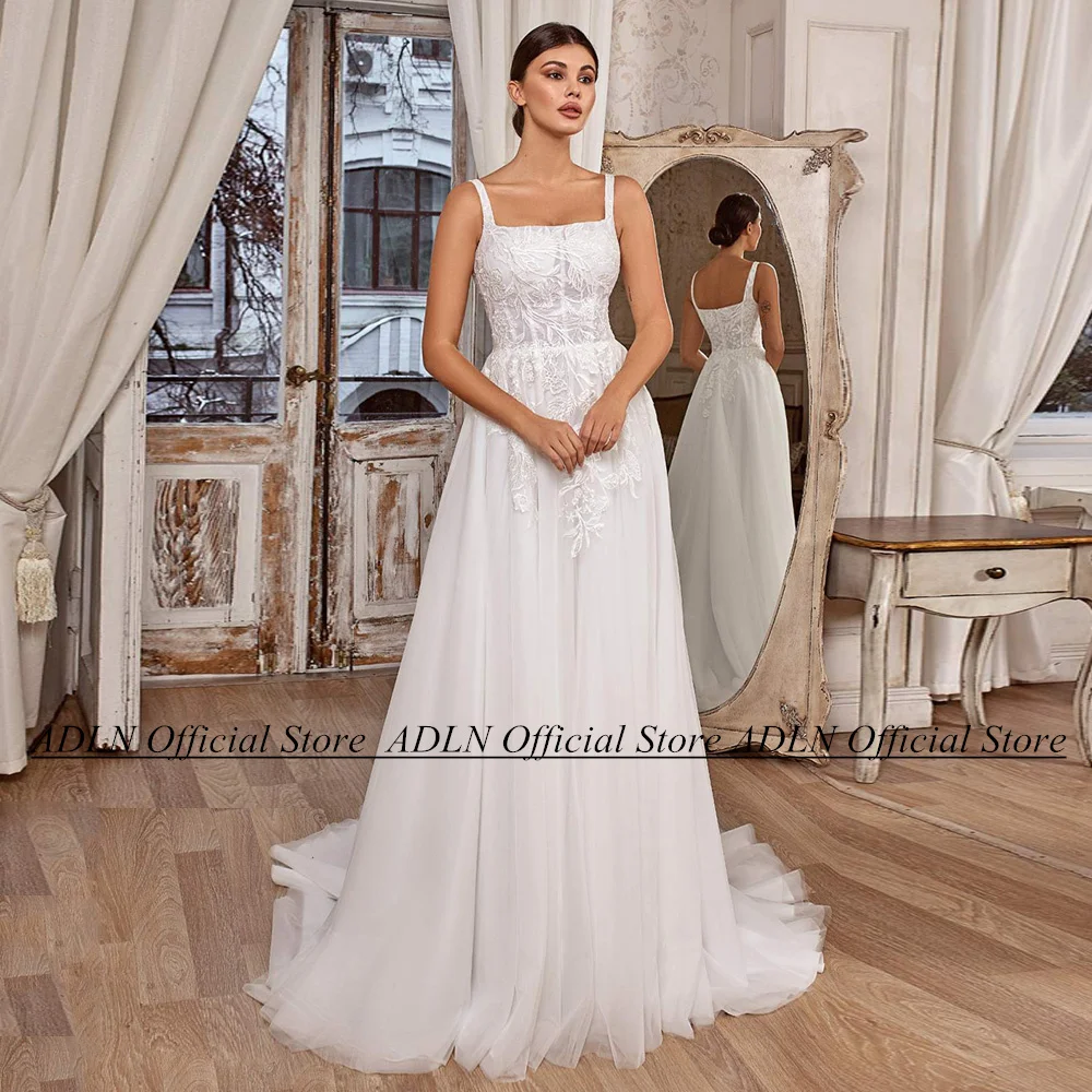

ADLN Square Neck Wedding Dress for Women Sleeveless Lace Applique A Line Backless Sweep Train Vestidos De Novia New Bride Gown