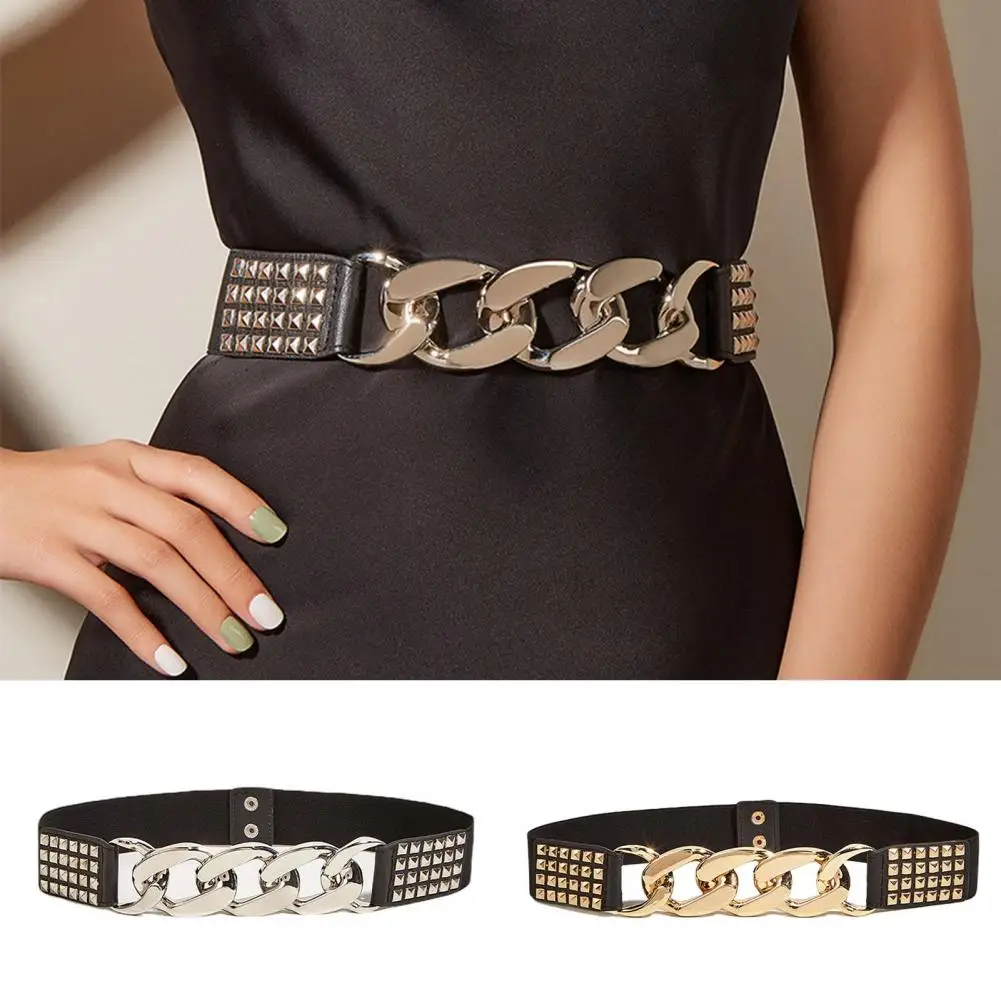 

Women Belt Luxury Brand Gold Chain Belt Elastic Silver Metal Waist Belts for Women Stretch Ladies Coat Ketting Riem Waistband