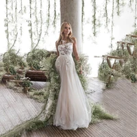 vestido de noiva de praia de tule com aplica%c3%a7%c3%a3o de renda floral 3d sem manga e sem costas