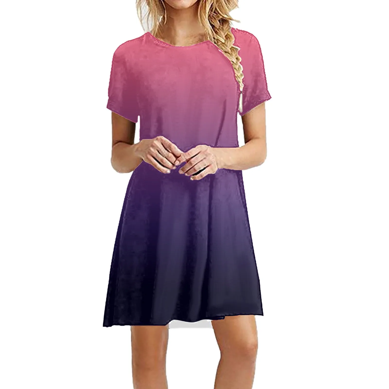 

Gradient Tie-Dye Print Sundress Womens Round Neck Above Knee Length Dress Casual Mini Dresses Summer Short Sleeve Long T-Shirts