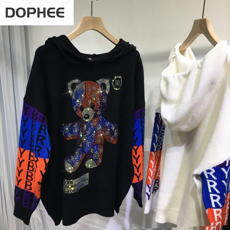 Blingbling Cartoon Hot Drilling Female Sweaters Thicken Warm Loose Hooded Top New Autumn Winter Streetwear Trendy Knit Sweater