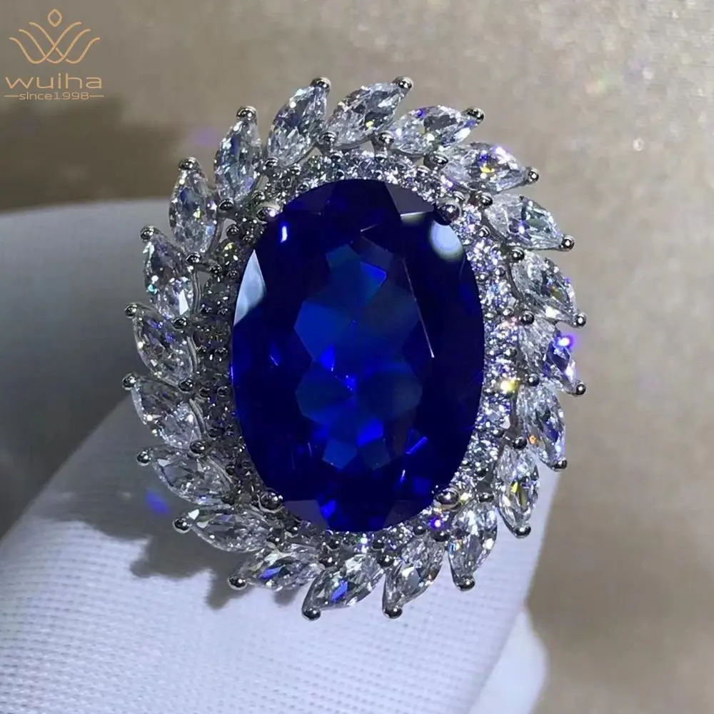 

WUIHA Real 925 Sterling Silver Oval 8CT Fancy Vivid Sapphire Created Moissanite Anniversary Ring for Women Gifts Drop Shipping