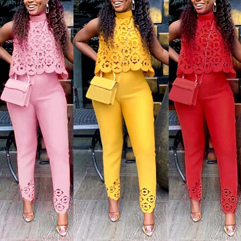 

Women Pants Outfit Suit Sleeveless Casual Crop Top Pant Sets Leisure elegance Lace Hollow Shirt Office Women's Clothing 2022